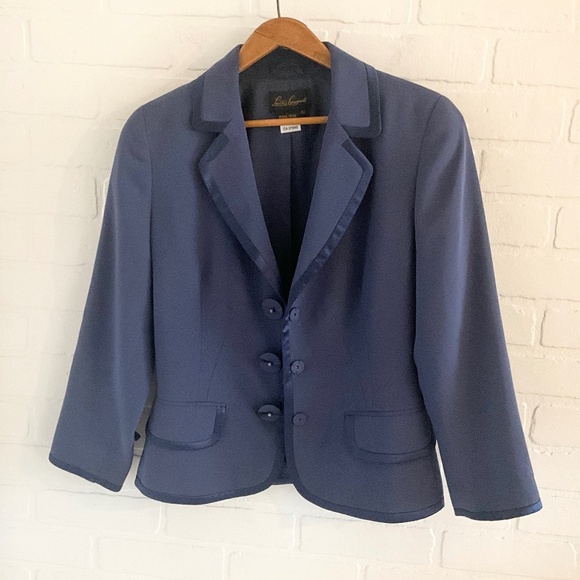 Luisa Spagnoli Women’s Blazer Silk Navy Blue Satin trims Suiting Tailoring Sz M - Picture 1 of 16